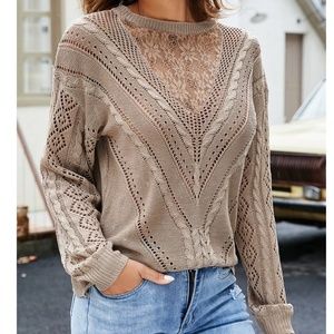 Lace Detail Mocha Knit Long Sleeve Light Sweater Top